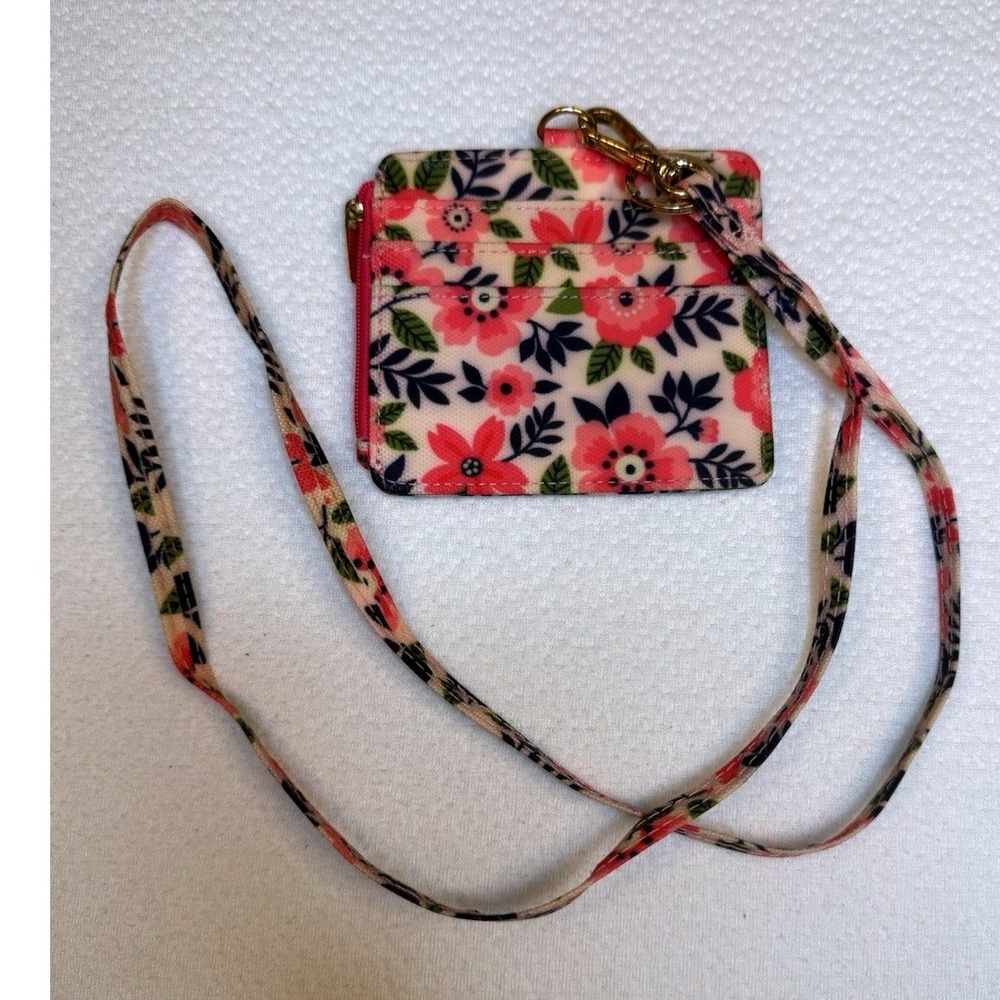 Floral ID Badge Holder Wallet Lanyard Pink Navy Flower Print Zip Coin Purse 4x4"